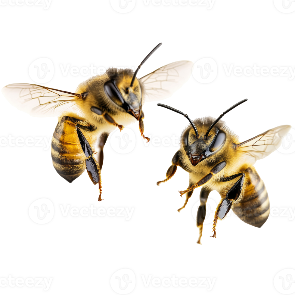 Bees flying around flowers in a sunny garden during springtime, transparent png