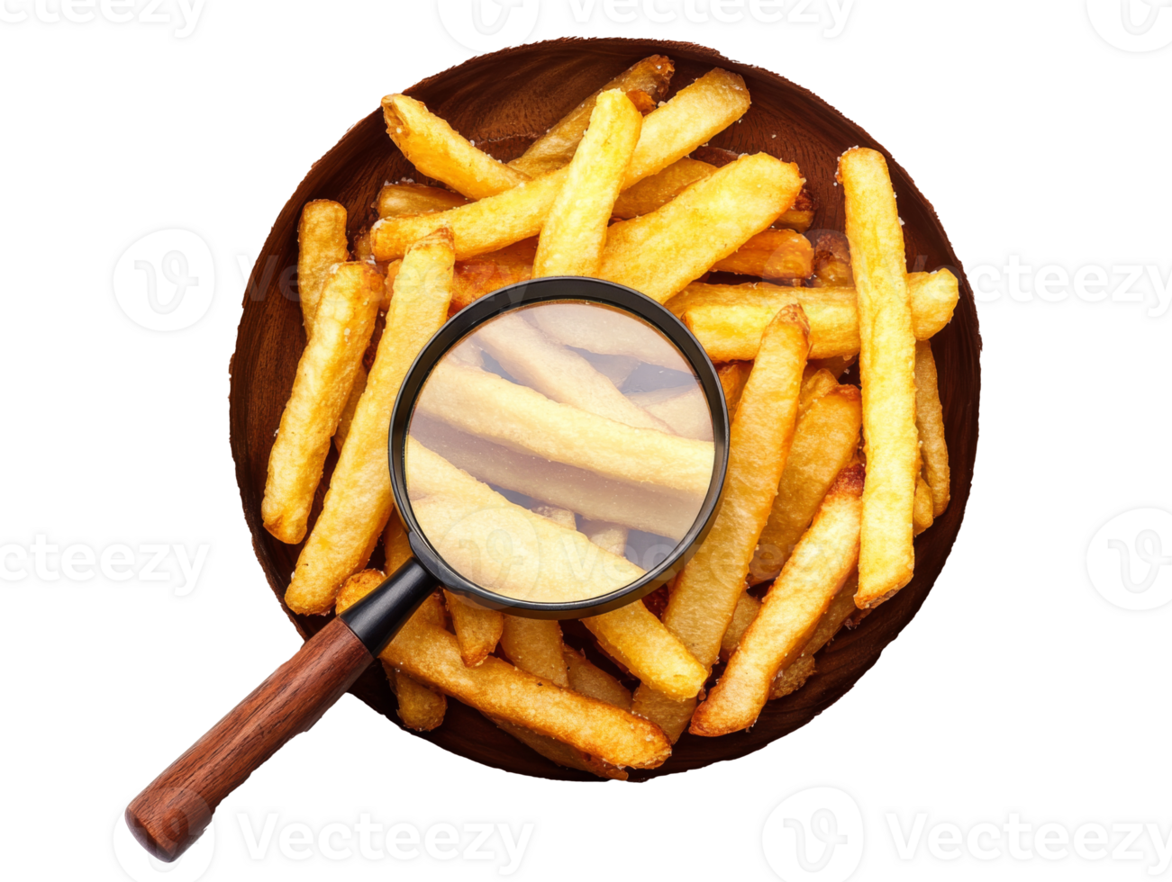 Magnifying glass over crispy golden fries in a rustic bowl, transparent png