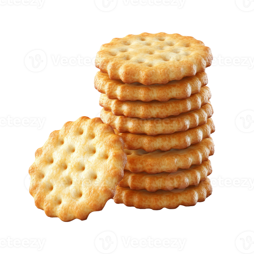 Crispy round crackers stacked high on a white background for snacking, transparent png
