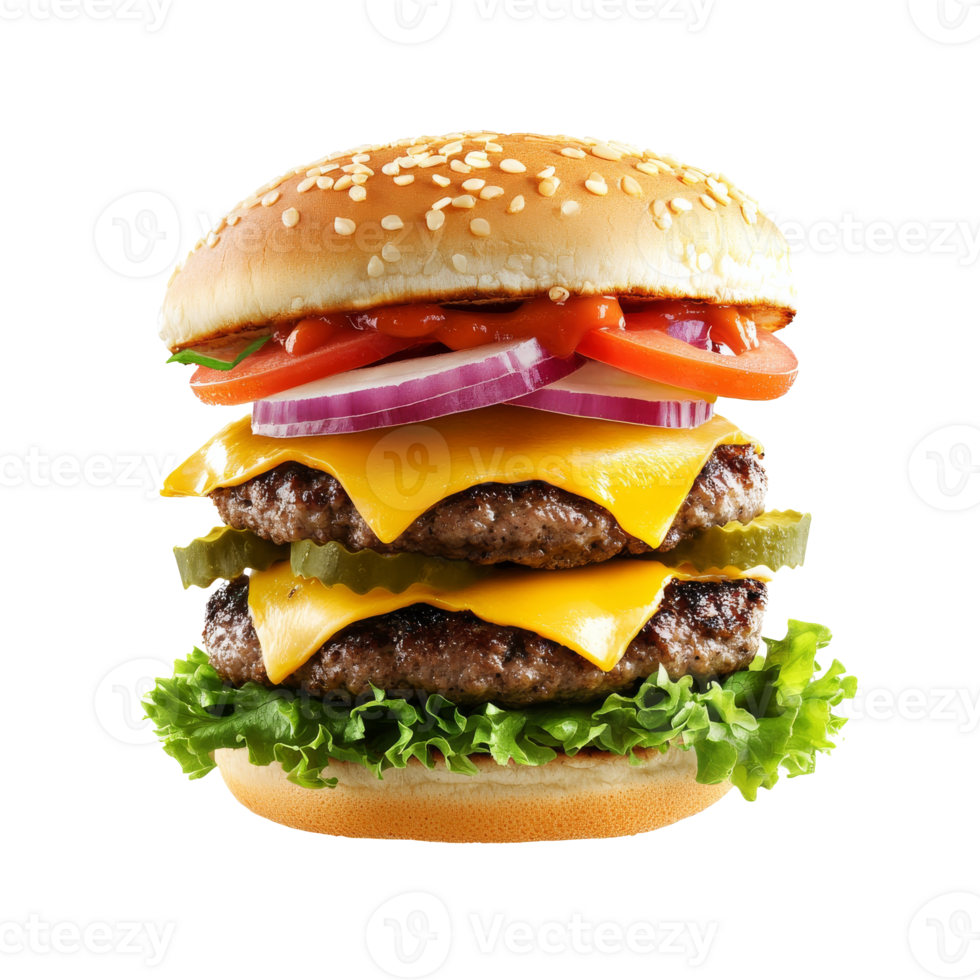 Triple cheese burger with fresh toppings and sesame seed bun, transparent png
