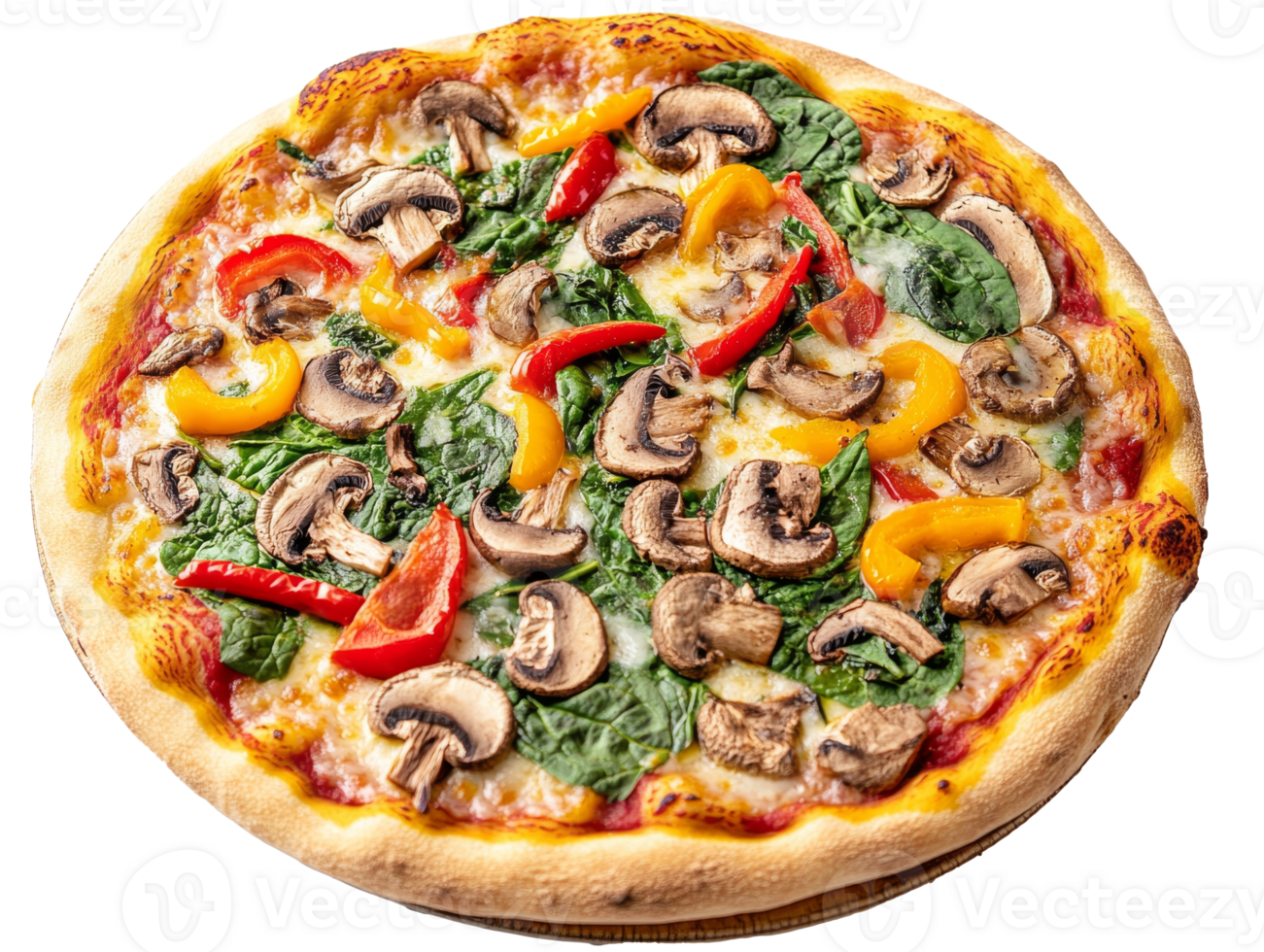 Delicious vegetable pizza topped with mushrooms and bell peppers, transparent png
