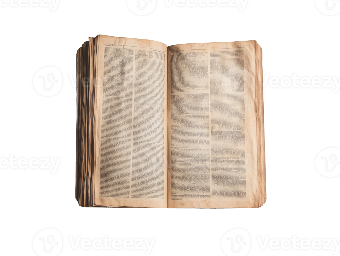 Old open book with yellowed pages resting on white background, transparent png