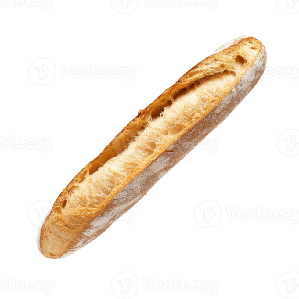 Freshly baked baguette sliced open to reveal fluffy interior, transparent png