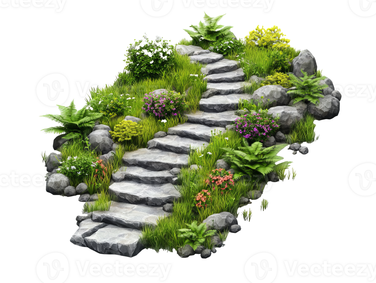 Stone pathway surrounded by greenery and flowers in a serene setting, transparent png