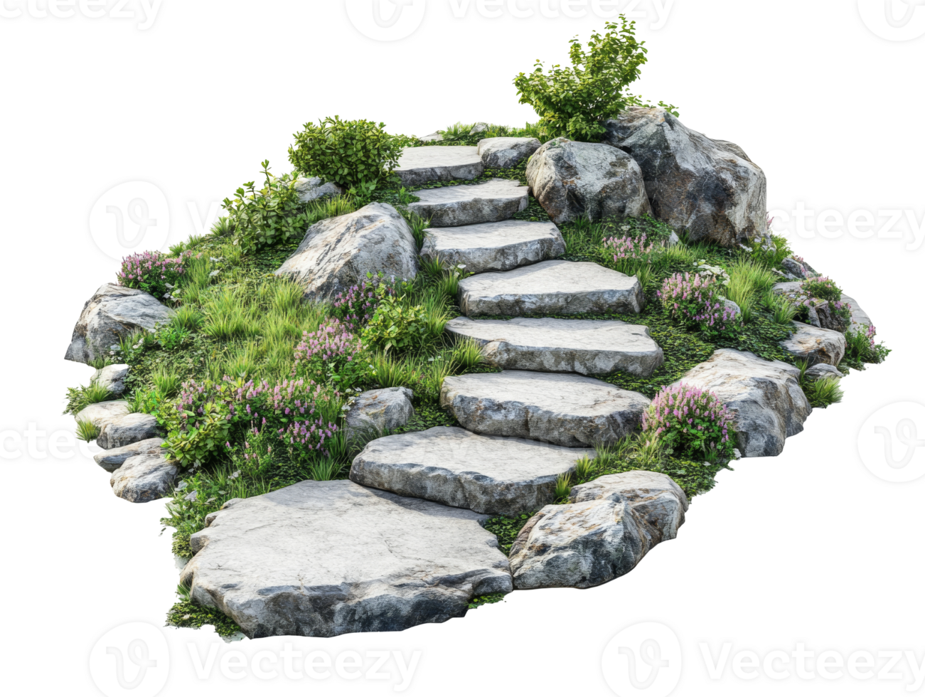 Natural stone pathway with greenery and steps in a tranquil garden, transparent png