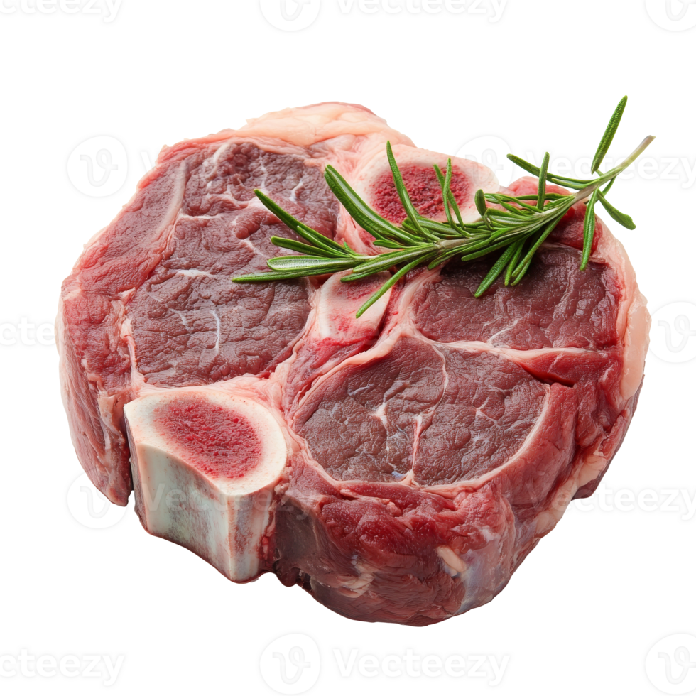 Fresh cut of lamb shank with rosemary on a clean surface, transparent png