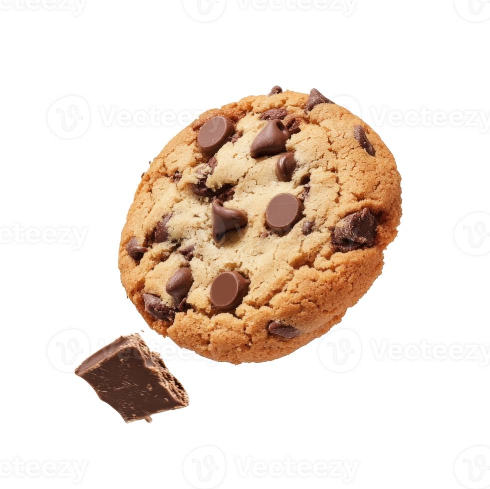Chocolate chip cookie with a piece of chocolate on a white background, transparent png