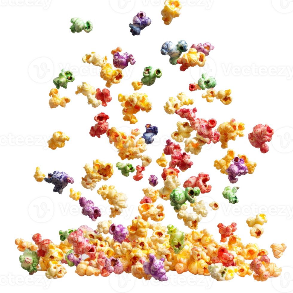 Colorful popcorn pieces flying in the air during a fun event, transparent png