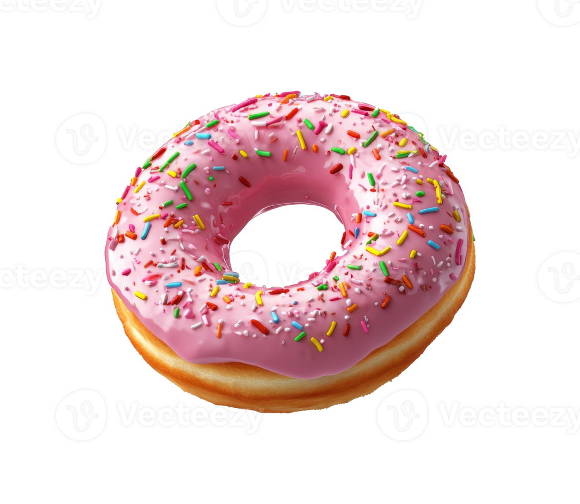 Delicious pink frosted donut with colorful sprinkles on display, transparent png