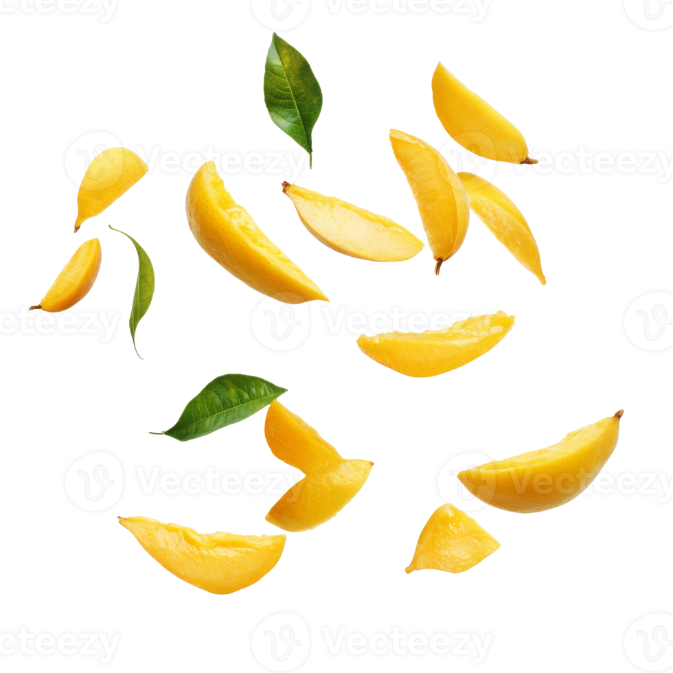 Fresh mango slices and green leaves floating on white background, transparent png