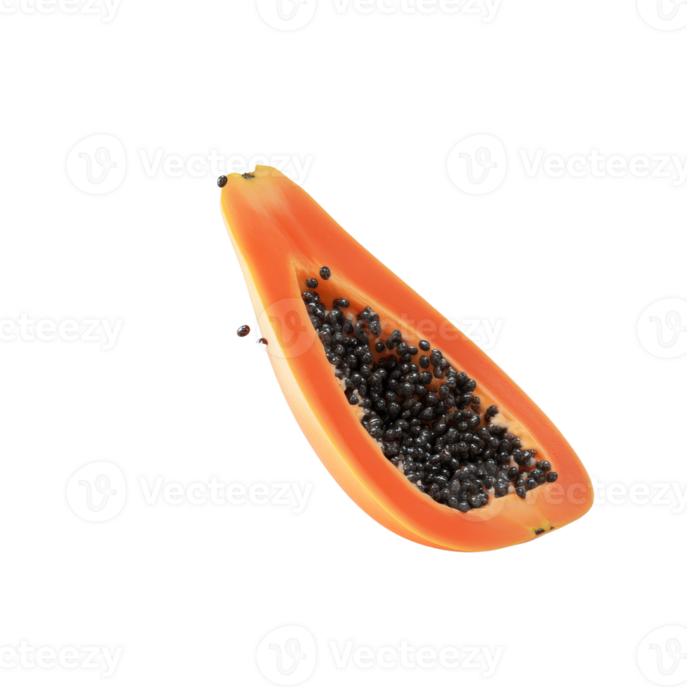 Fresh papaya cut open revealing black seeds on a white background, transparent png