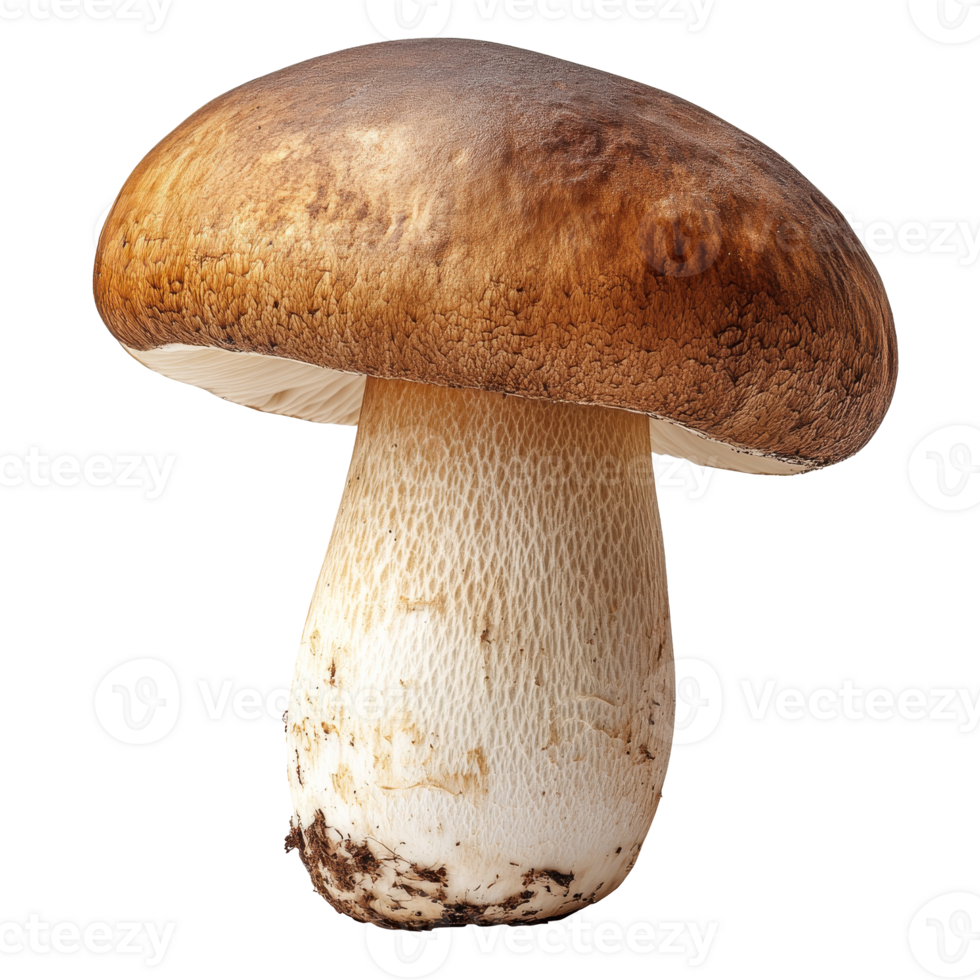 Mushroom with brown cap grows in a forest setting under natural light, transparent png
