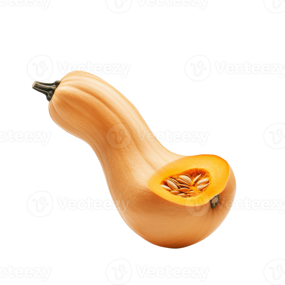 Fresh butternut squash with a cut section revealing seeds, transparent png