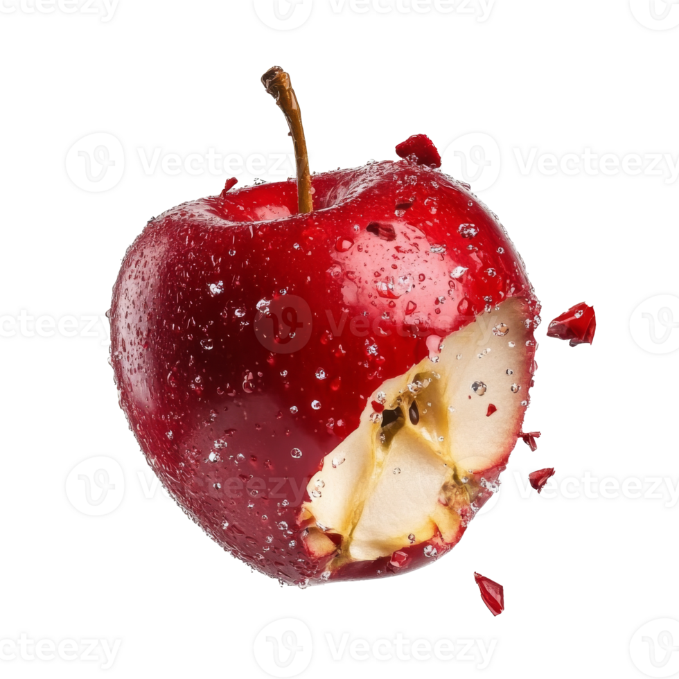 Freshly bitten red apple with drops of water and splashes, transparent png