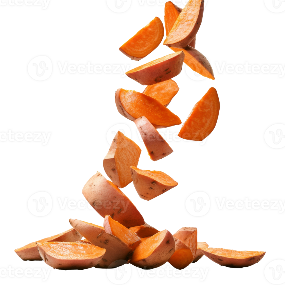 Sweet potato slices flying in the air against a white background, transparent png