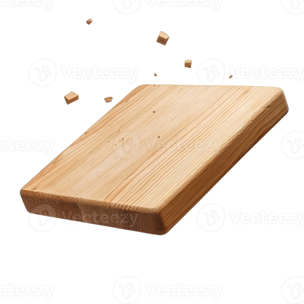 Wooden cutting board with pieces flying in a kitchen setting, transparent png