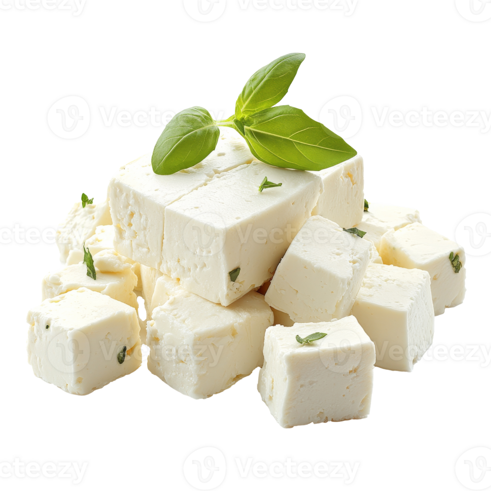 Freshly cubed cheese garnished with herbs on a white background, transparent png
