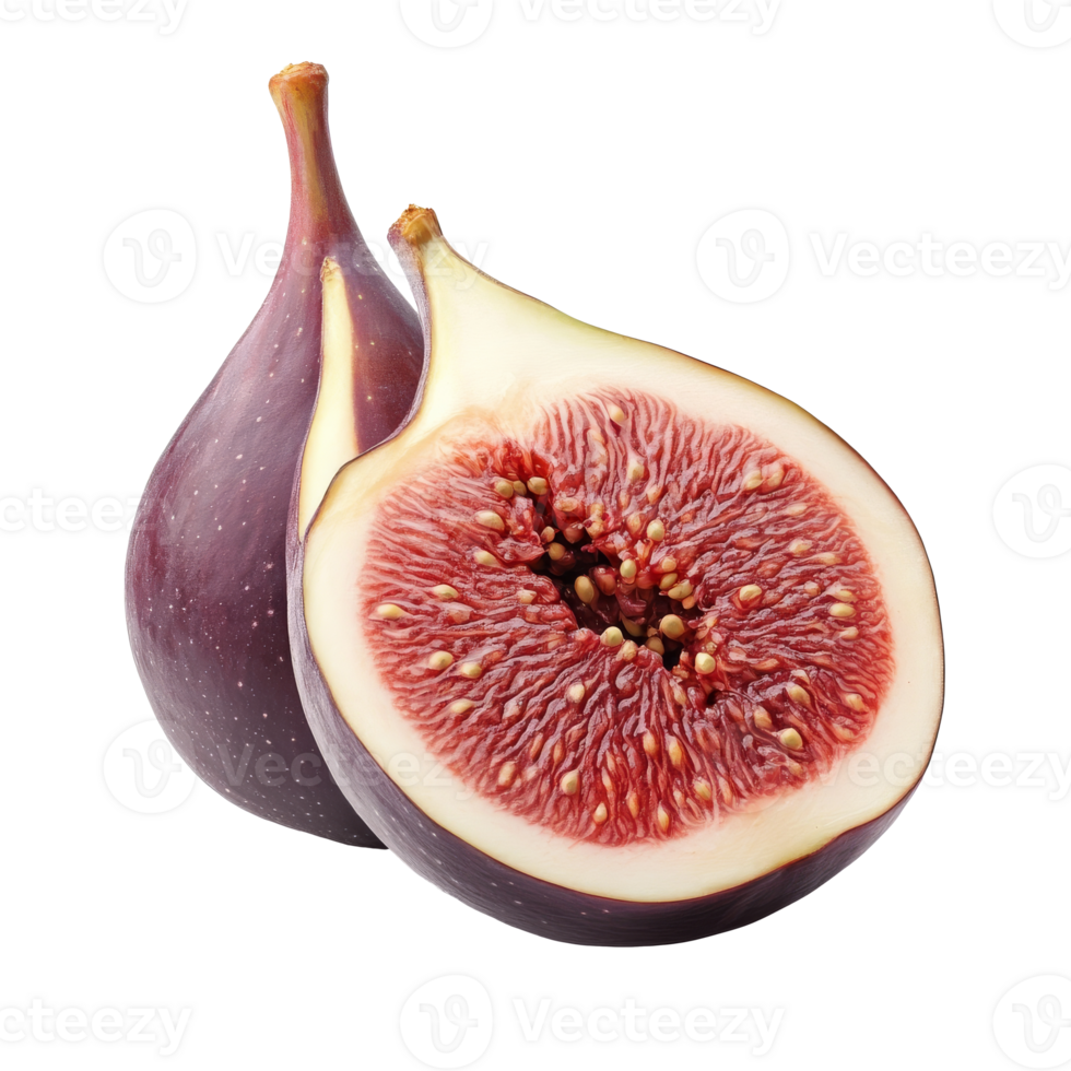 Fresh figs displayed whole and halved on a clean background, transparent png