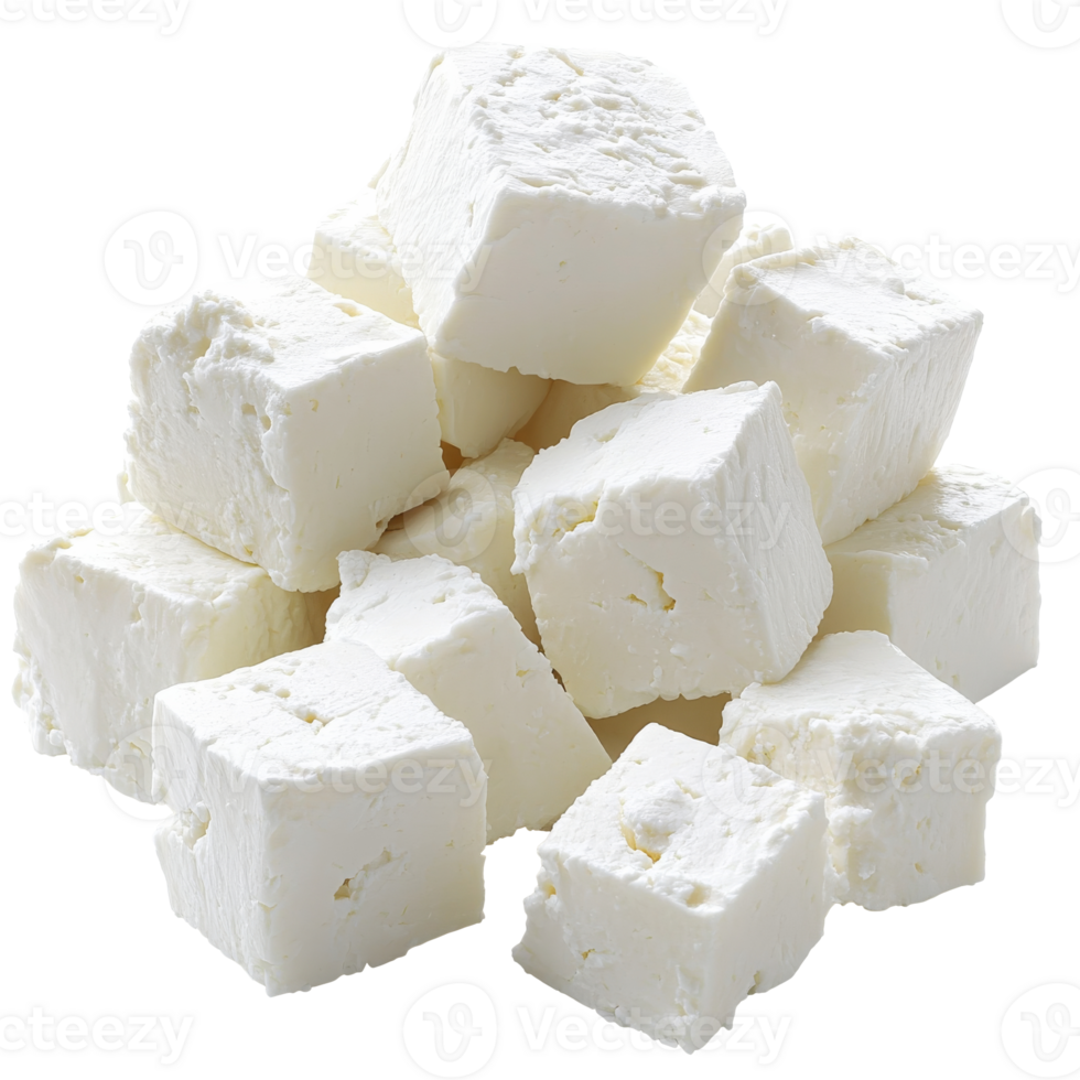Fresh feta cheese cubes ready for salads and Mediterranean dishes, transparent png