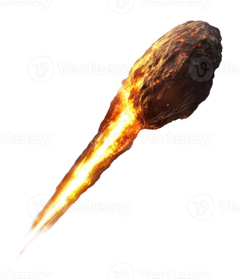 Fireball streaking through the night sky over a dark landscape, transparent png