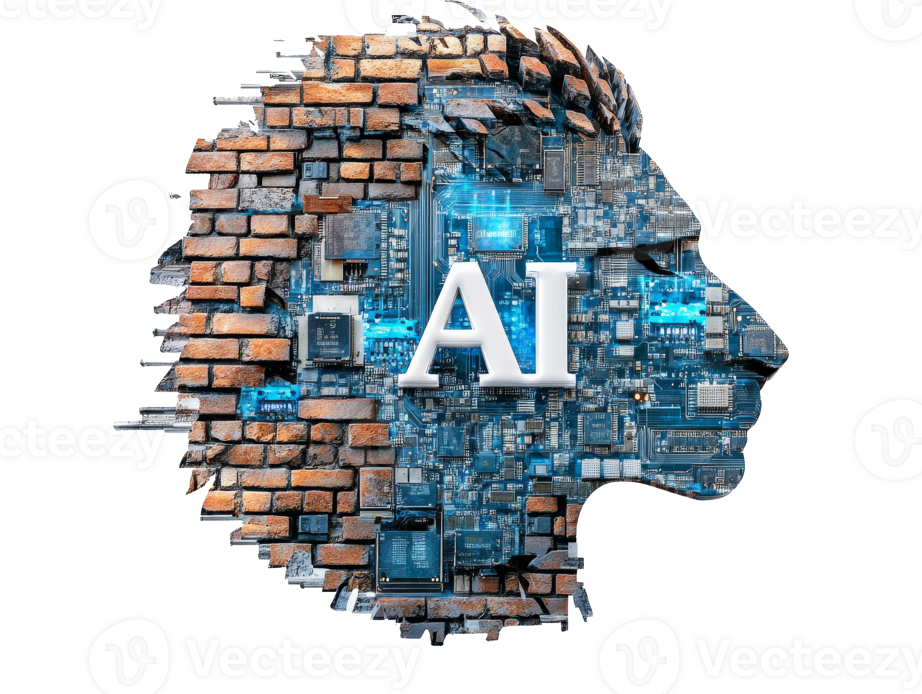 Creative AI concept featuring a lion's profile made of circuit boards, transparent png
