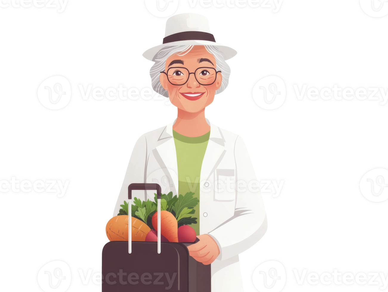 Smiling elderly woman with suitcase full of vegetables and bread, transparent png