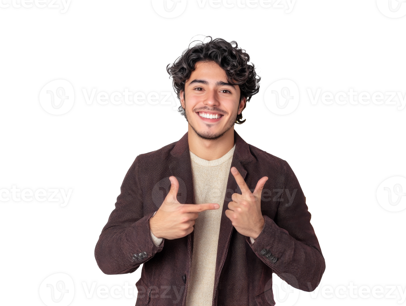 Young man smiling and gesturing cheerfully with both hands indoors, transparent png