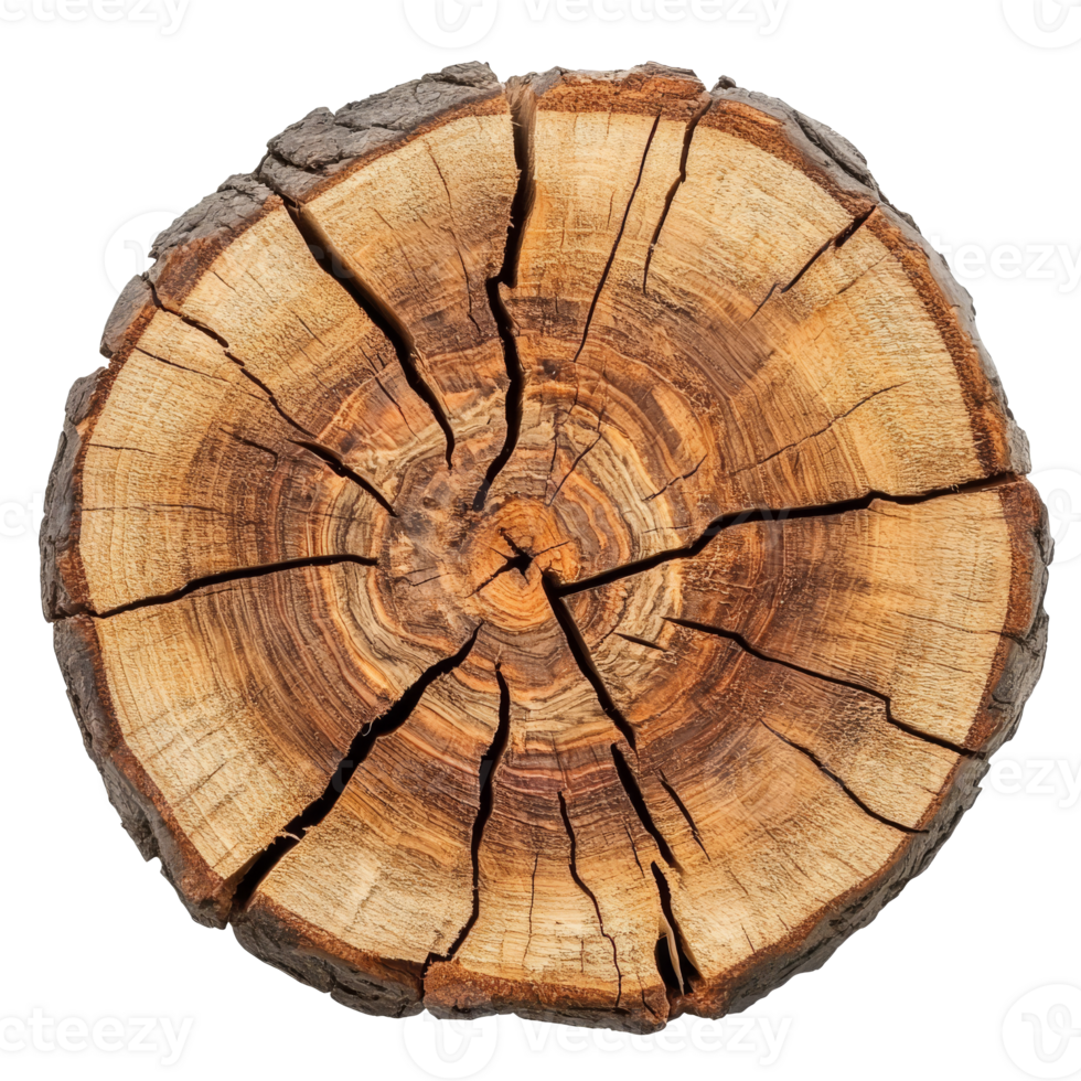 Detailed view of a cross-section of an aged tree trunk showing cracks, transparent png