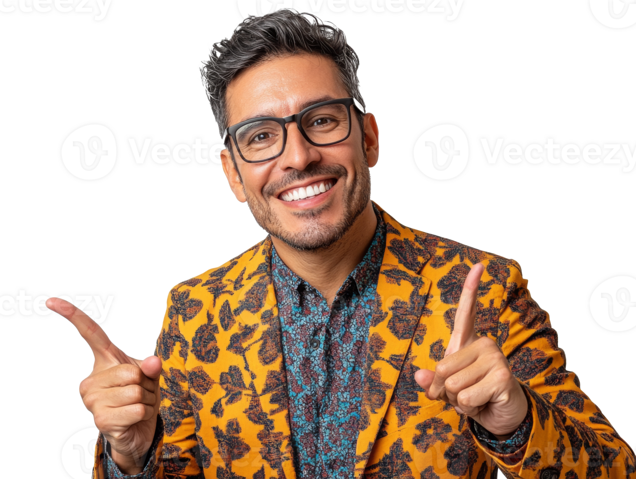 Man in patterned jacket smiling and gesturing playfully indoors, transparent png