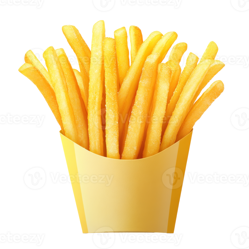 A pile of crispy golden fries is served in a bright yellow container, transparent png
