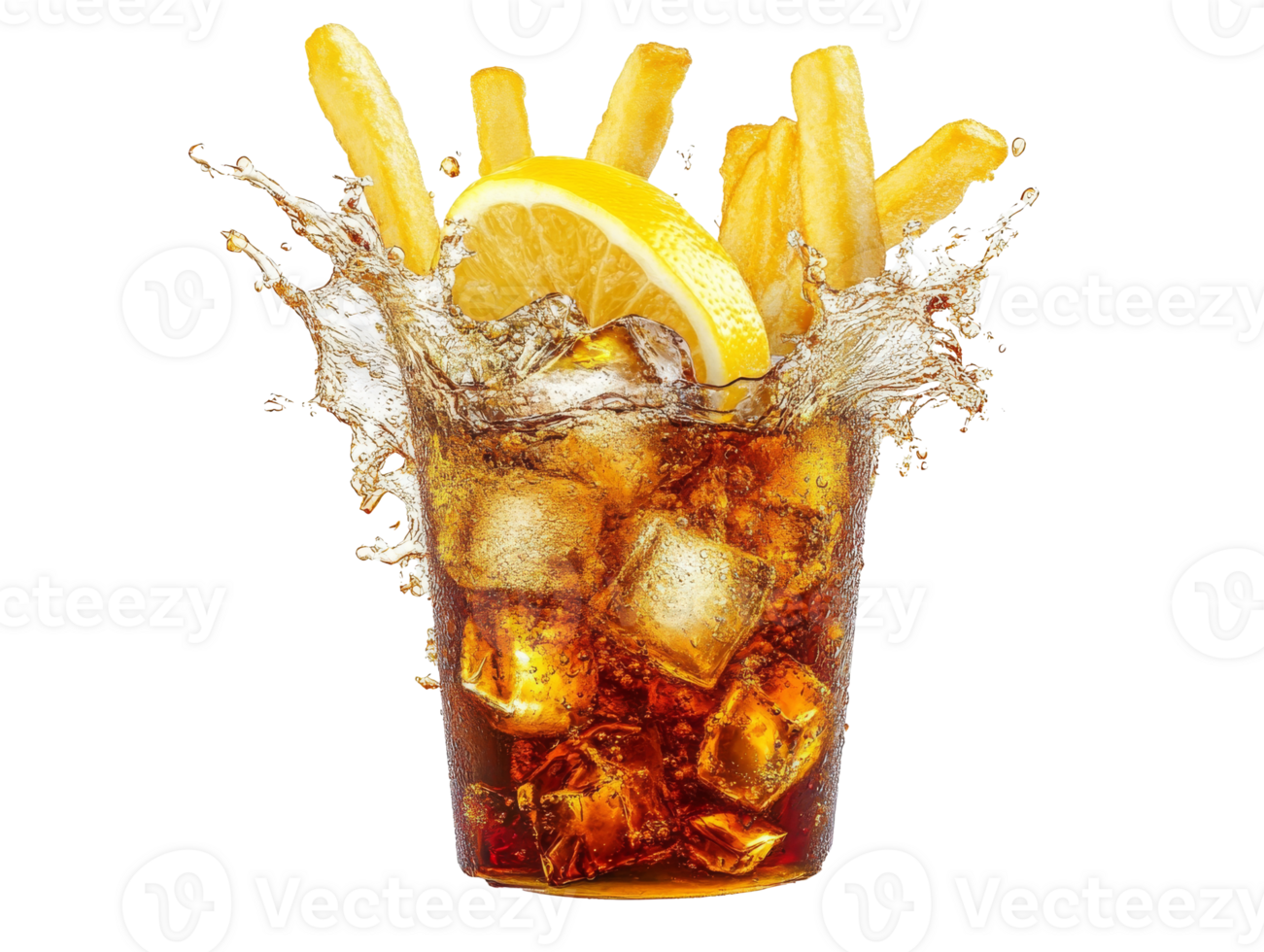 Crispy fries splash in a fizzy soft drink with lemon wedge, transparent png