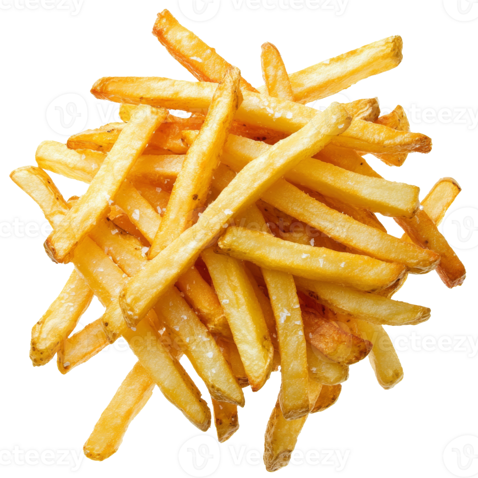 Crispy golden French fries piled high on a white background, transparent png