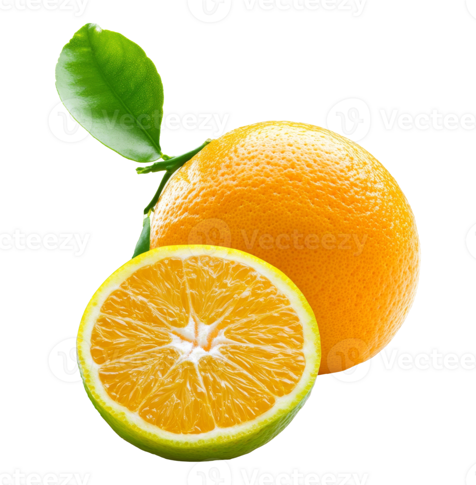 Freshly cut orange with green leaf resting on a white surface, transparent png