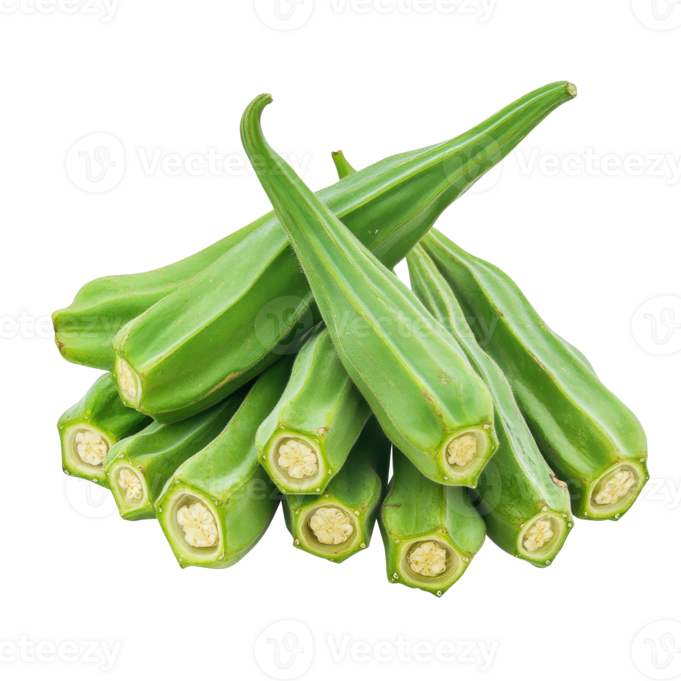 Fresh green okra pods stacked neatly on a white background, transparent png