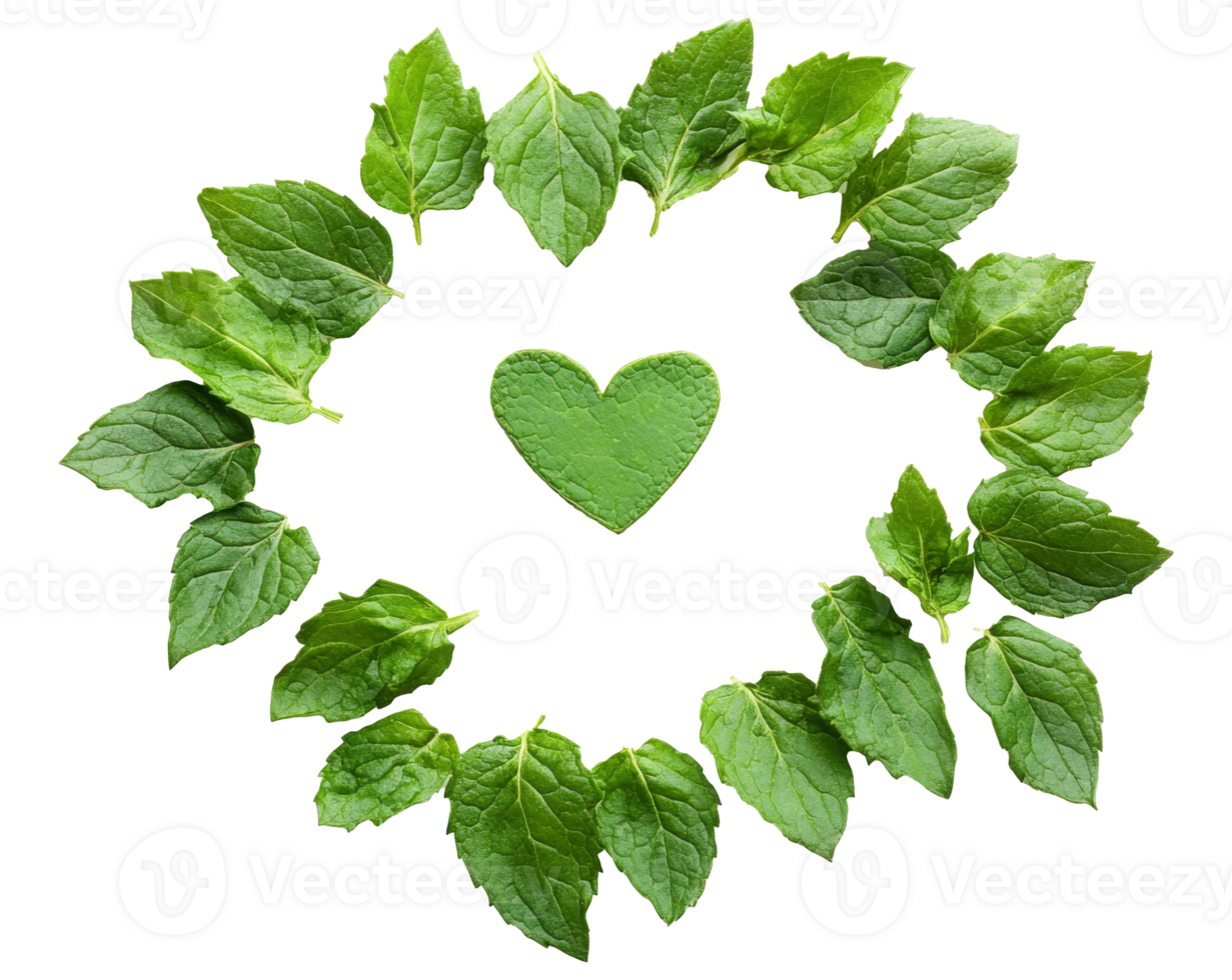 Fresh green mint leaves arranged in a circular pattern with a heart, transparent png