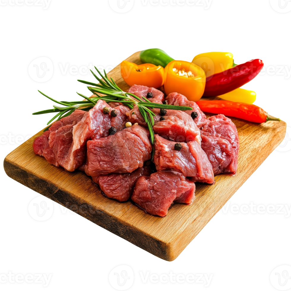 Fresh cuts of beef with vibrant vegetables on a wooden board, transparent png