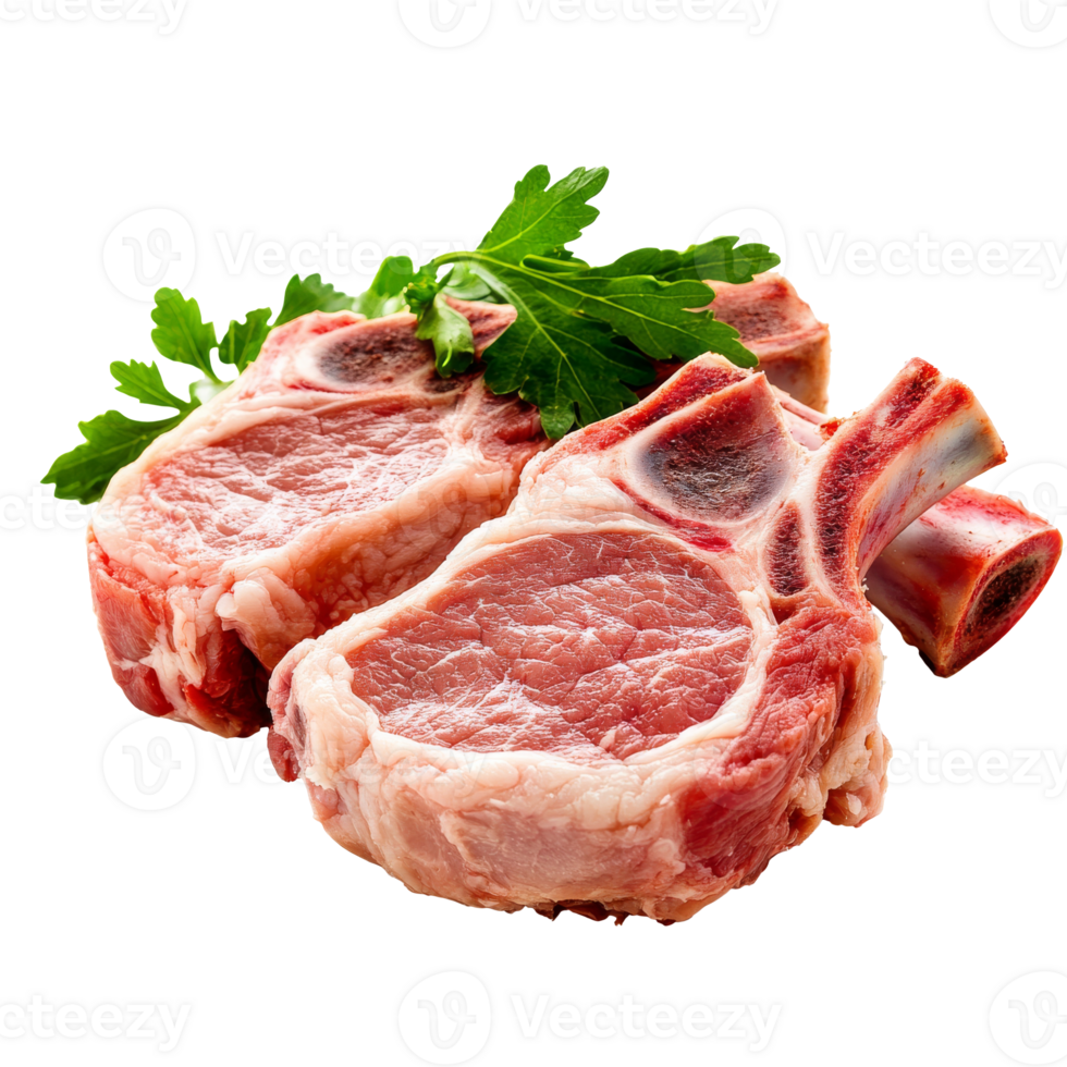 Freshly cut pork chops with green herbs on a white background, transparent png