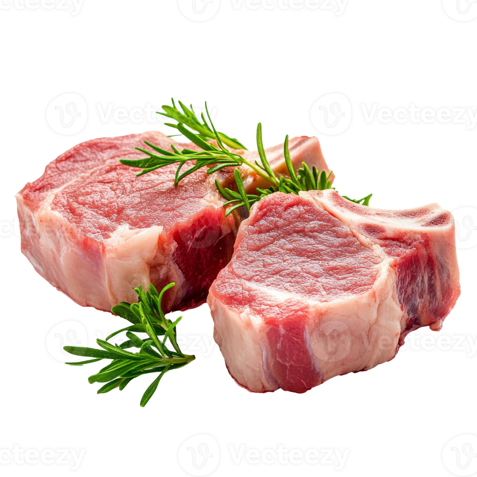 Fresh cuts of lamb with herbs on clean white background, transparent png