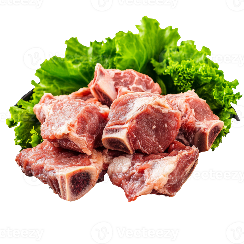 Fresh raw meat surrounded by leafy greens on a white background, transparent png