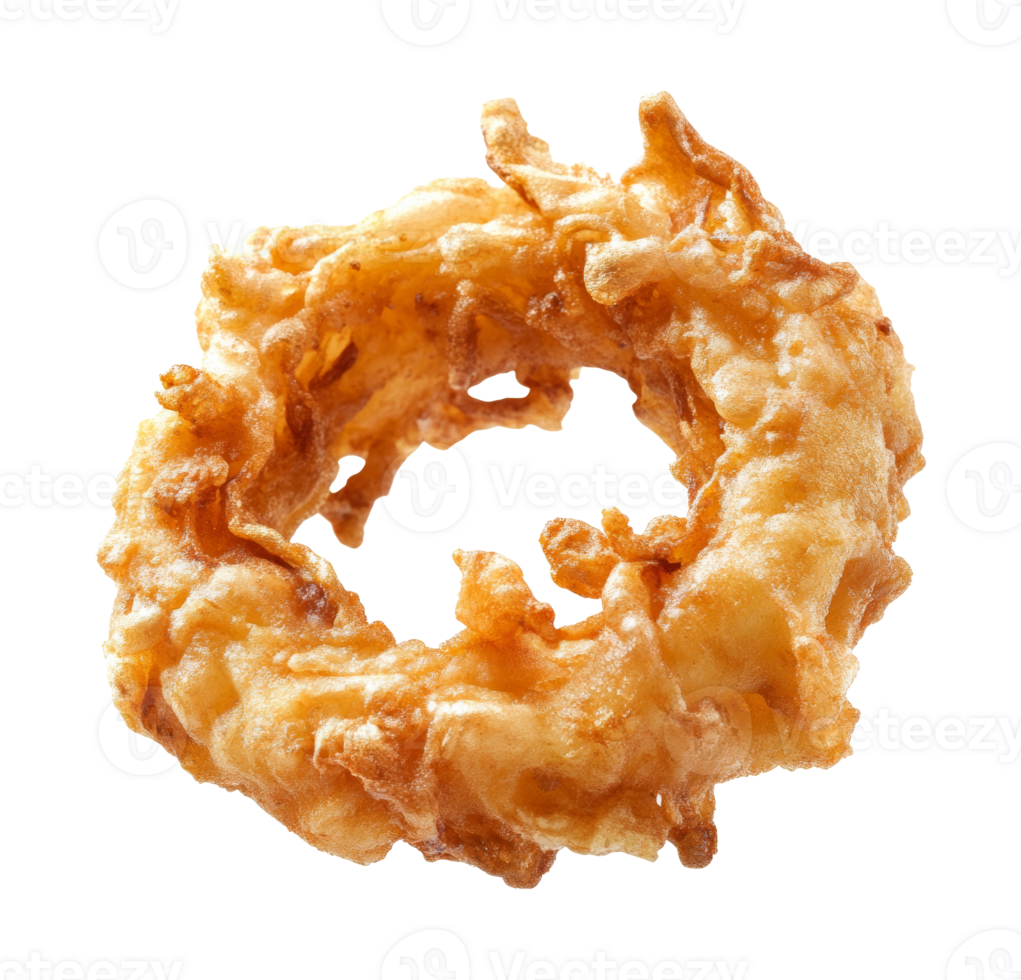 Crispy onion ring with a golden brown texture on a white background, transparent png