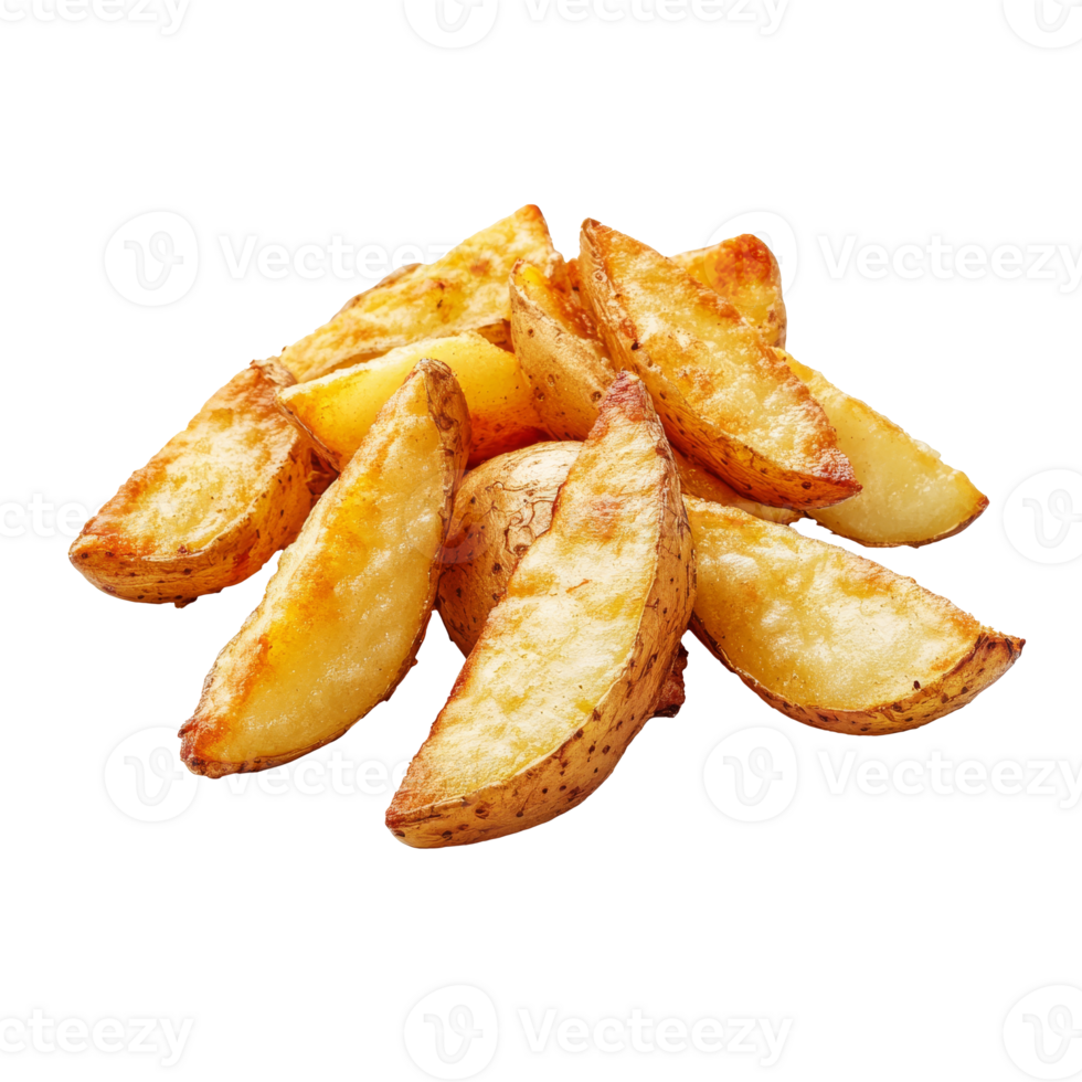 Crispy golden potato wedges served on a white background, transparent png