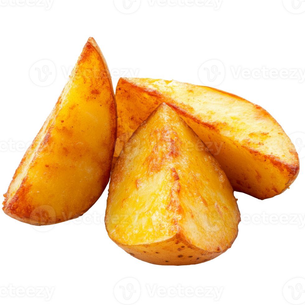 Golden roasted potato wedges on a white surface, transparent png