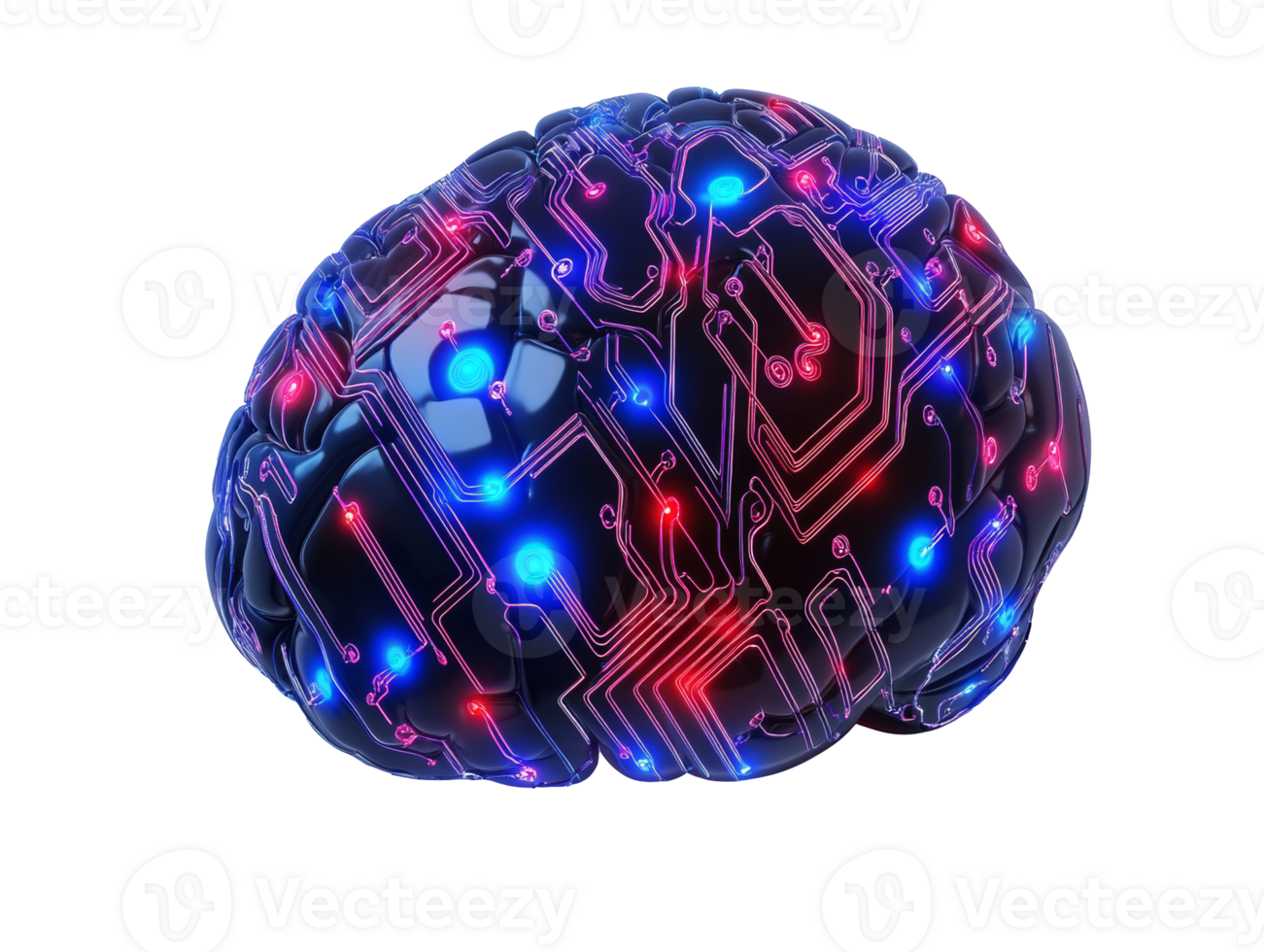 Digital brain model with circuit patterns glowing in red and blue, transparent png