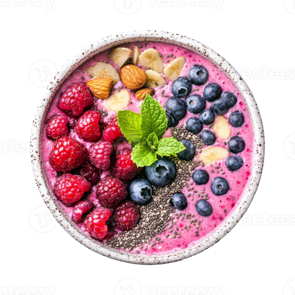 Healthy berry smoothie bowl topped with nuts and mint leaves, transparent png