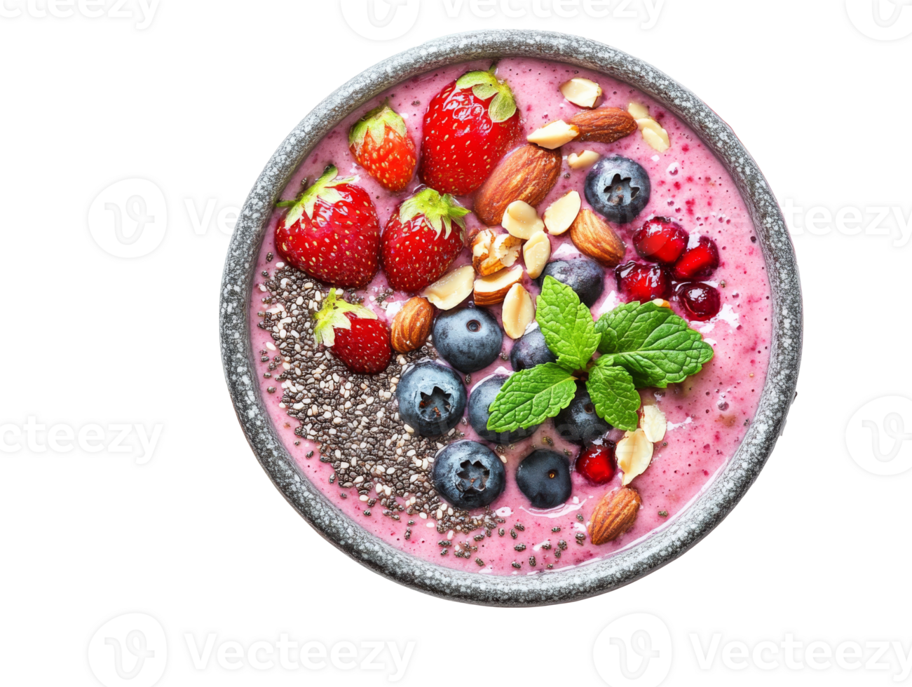 Delicious smoothie bowl topped with fresh berries and nuts, transparent png