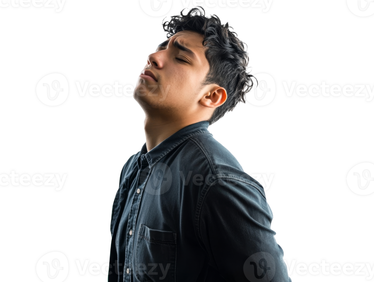 Young man posing with thoughtful expression against a white background, transparent png