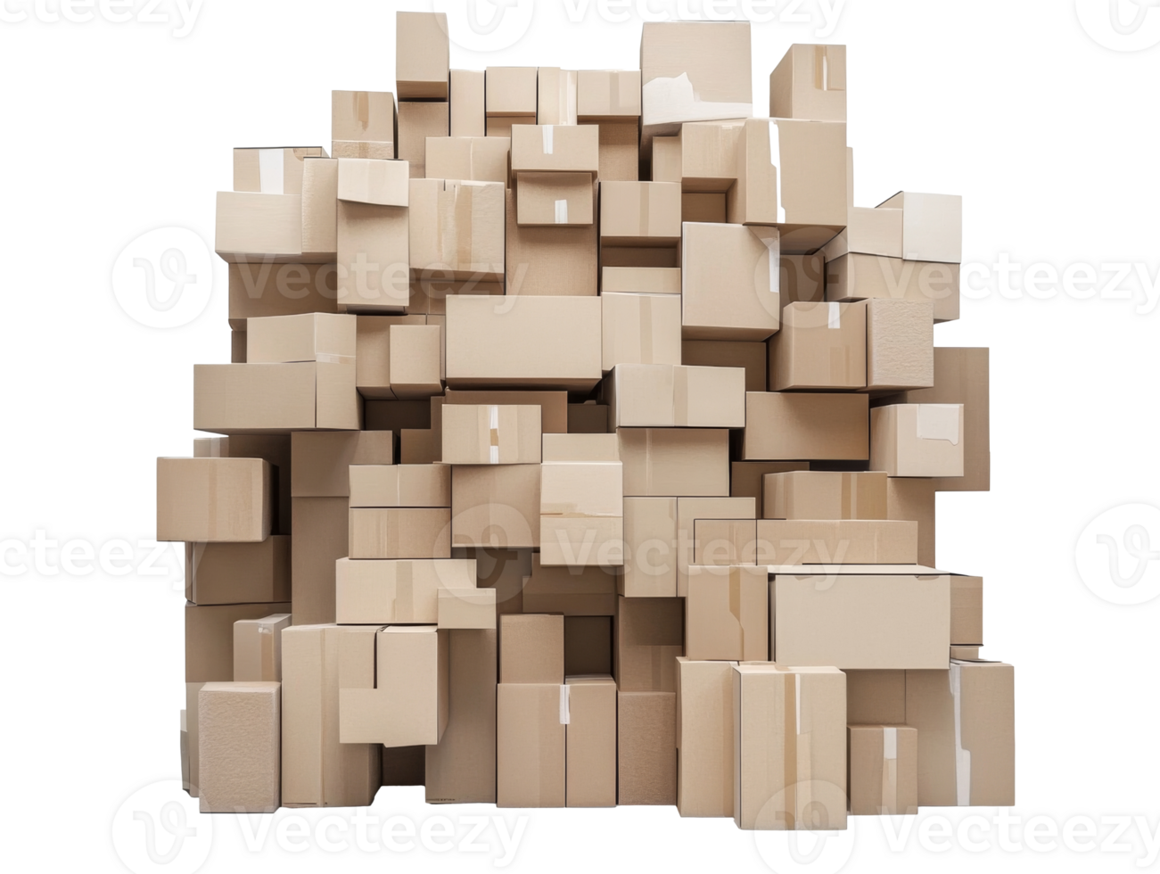 Stacked cardboard boxes in a warehouse setting during daylight, transparent png