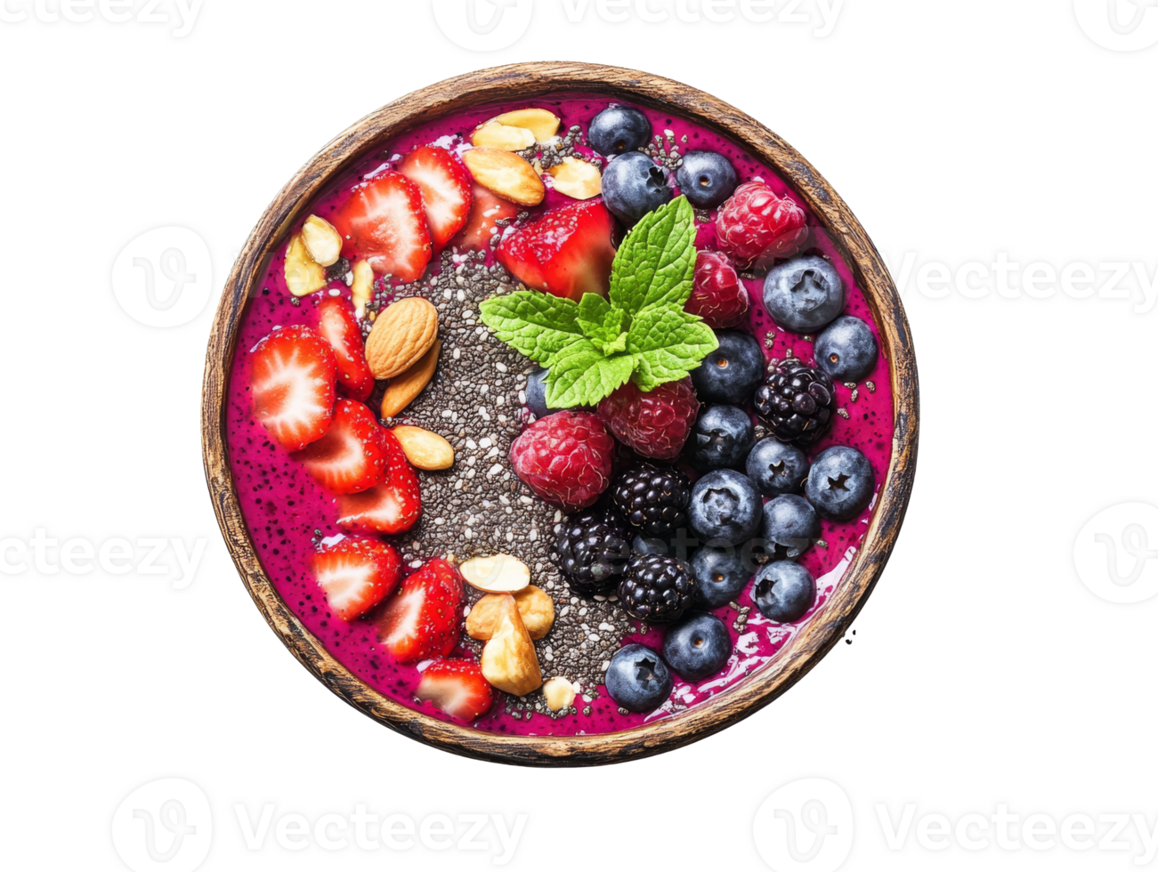Colorful berry smoothie bowl with nuts and seeds in a wooden bowl, transparent png