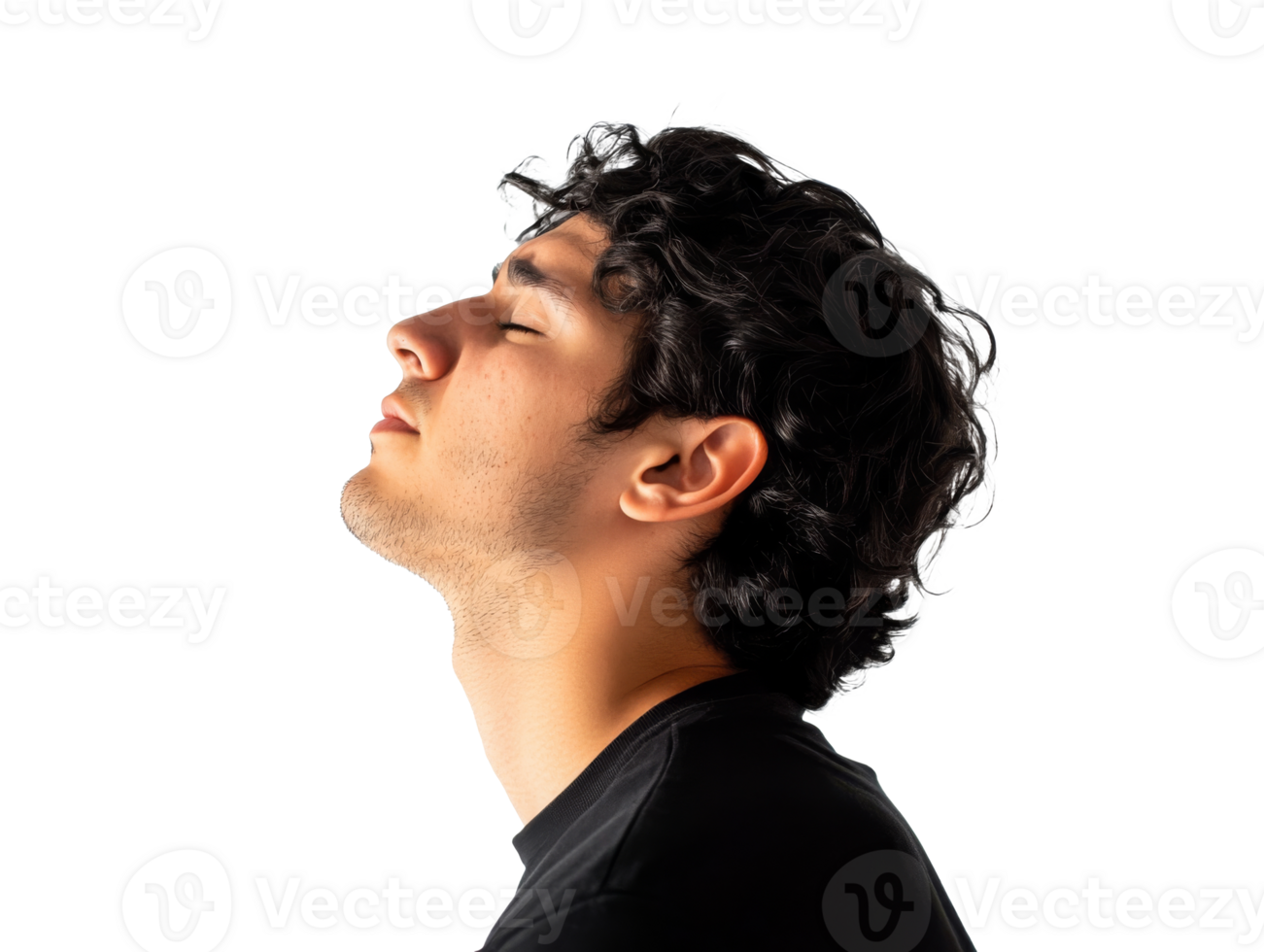 Young man with curly hair enjoying tranquility against white backdrop, transparent png