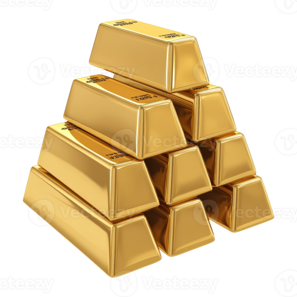 Stack of gleaming gold bars arranged in a pyramid shape, transparent png